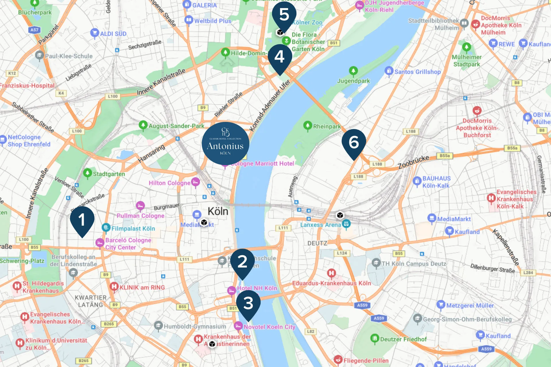 hotel-antonius-koeln-ausflugziele stadtplan-von-koeln-mit-markierungen
