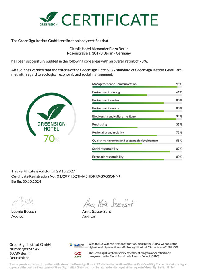 Certification for Classik Hotel Alexander Plaza Berlin green-sign-certificate