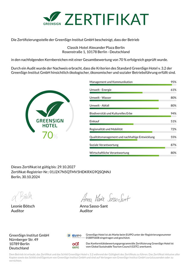 Zertifizierung für Classik Hotel Alexander Plaza Berlin general-manager-bei-der-uebergabe-des-green-sign-zertifikats
